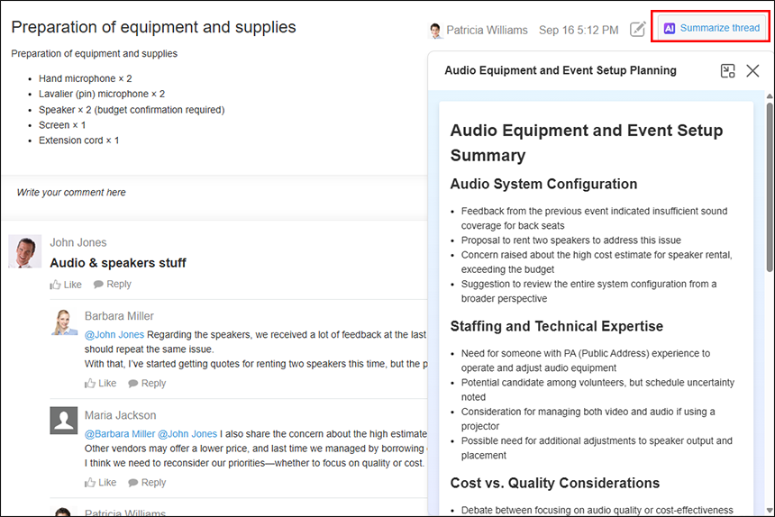 Screenshot: The AI Thread Summary feature being used