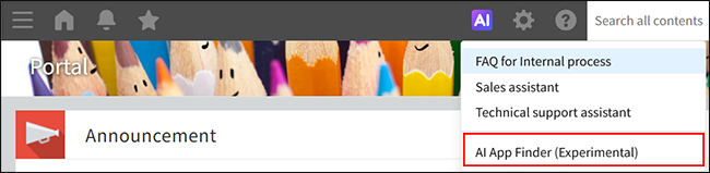 Screenshot: The "AI App Finder (Experimental)" menu option is highlighted at the top of the screen