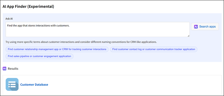 Screenshot: Searching on the "AI App Finder (Experimental)" screen