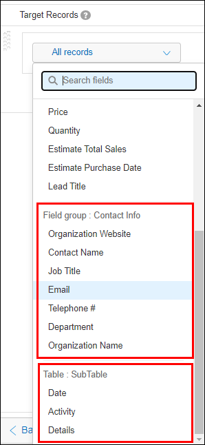 Screenshot: A list of fields displayed in a field selection area. Fields within a table and fields within a group are outlined in red.