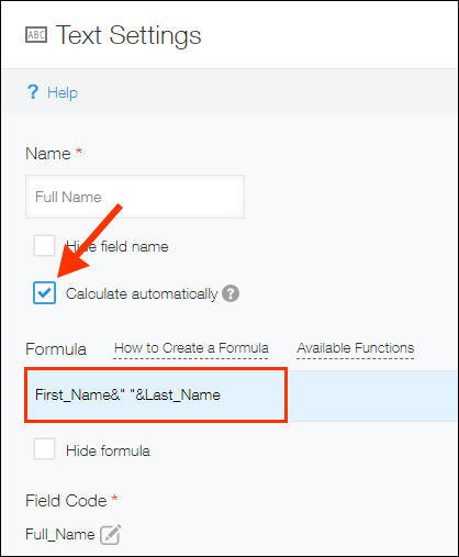 Screenshot: The formula setting for the "Text" field