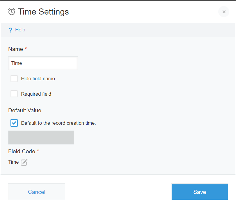 Screenshot: The settings screen of a "Time" field