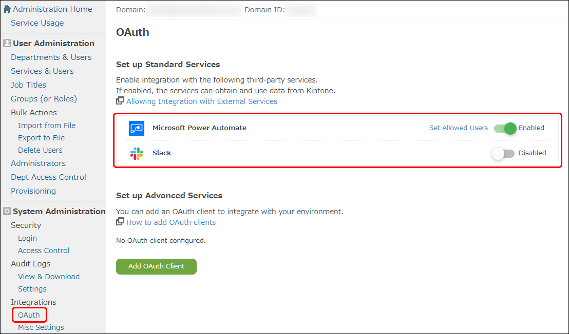 The "OAuth" screen under "Integrations"