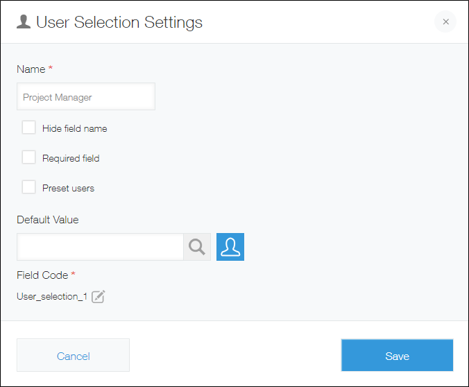 Screenshot: "User selection" field