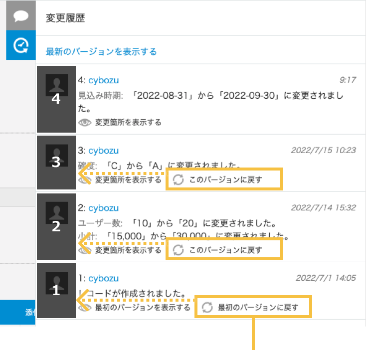 ボタンの位置と戻り先の位置が一致しているアップデート後のレコード変更履歴
