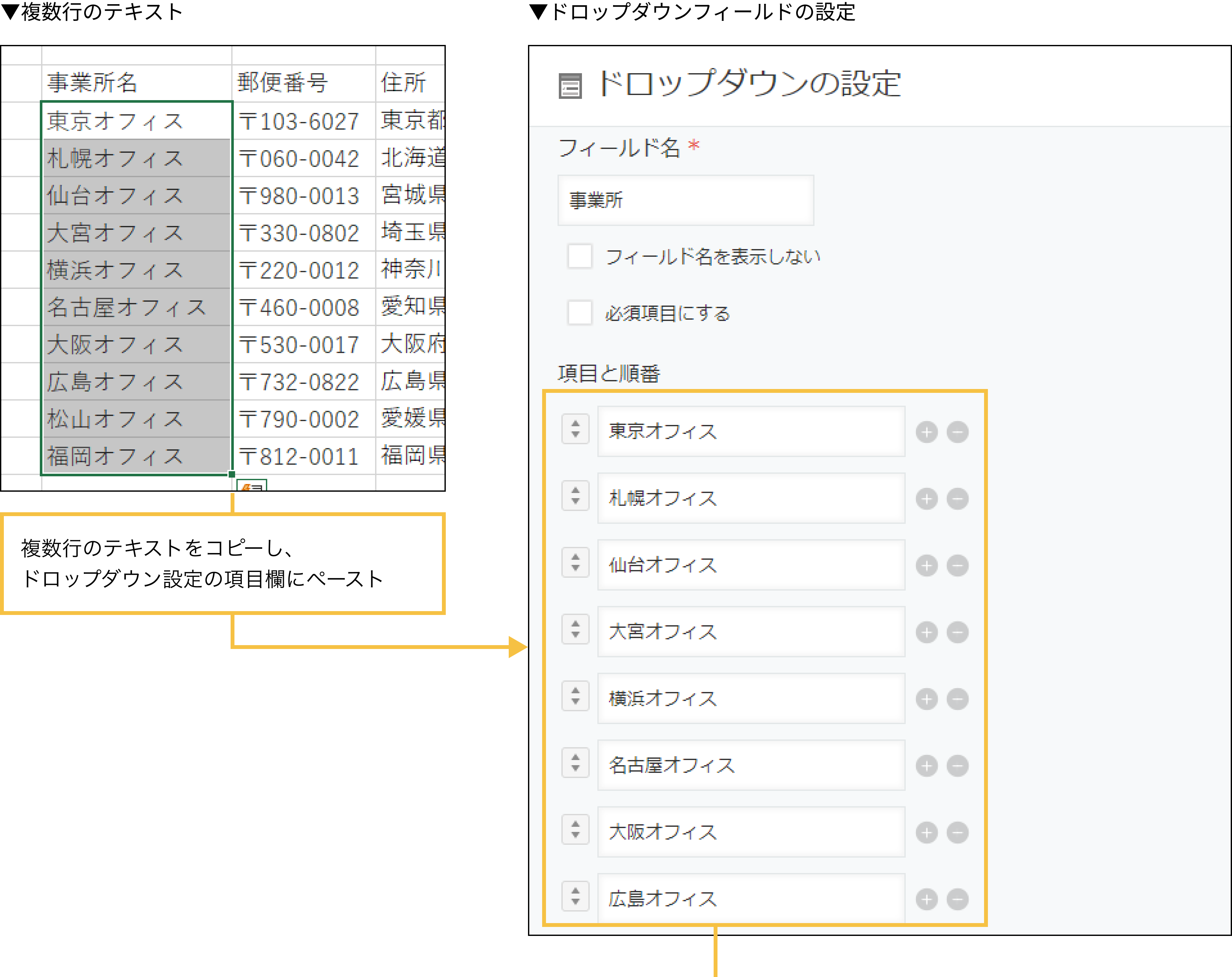 複数行のテキストをコピーし、ドロップダウン設定の項目欄にペーストする
