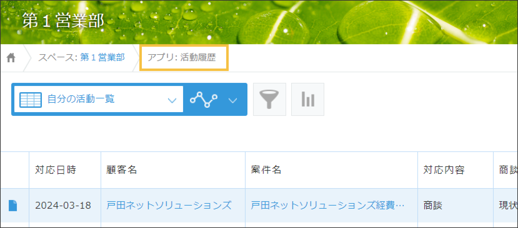 「第1営業部」というスペースの中にある「活動履歴」というアプリの一覧画面で画面上部に「第1営業部」と書かれている