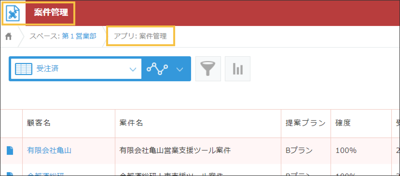 「第1営業部」というスペースの中にある「案件管理」というアプリの一覧画面で画面上部に「案件管理」と書かれている