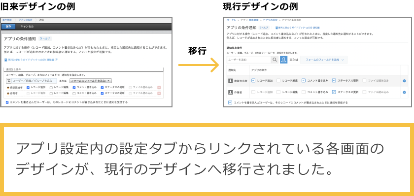 アプリ設定内の設定タブからリンクされている各画面のデザインが、現行のデザインへ移行されました。