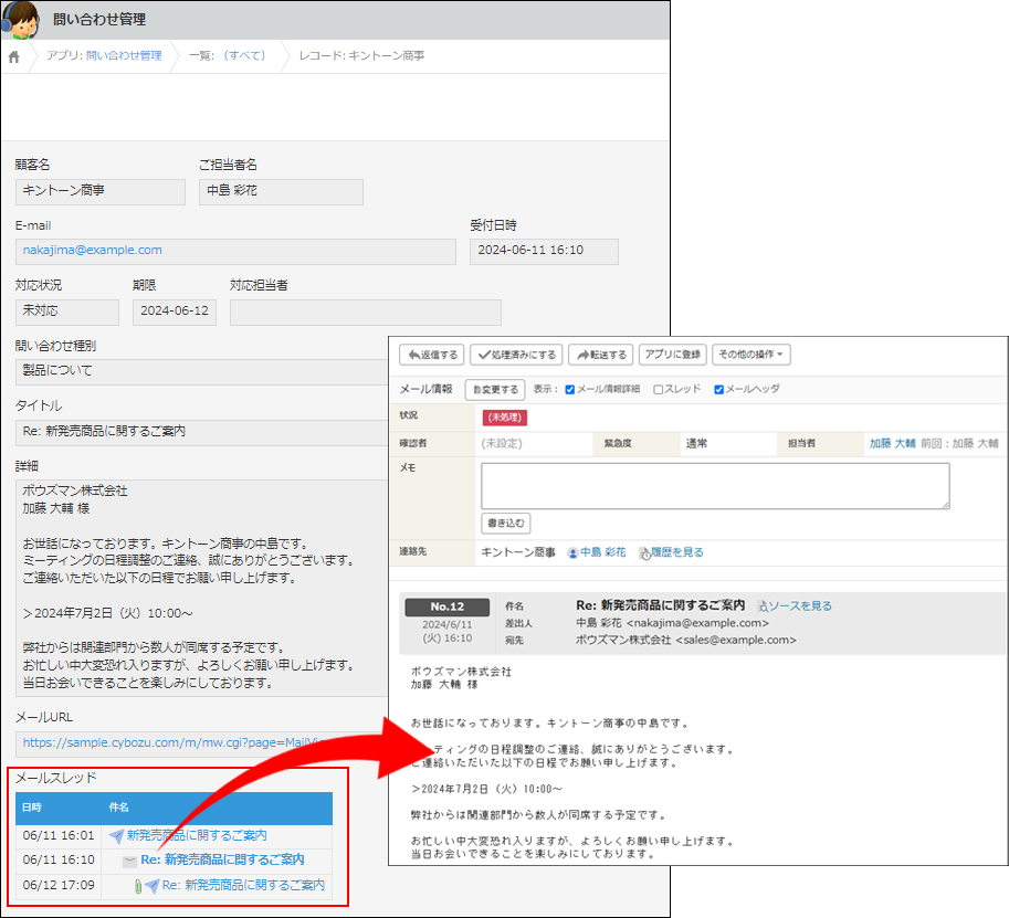 スクリーンショット：レコードにメールスレッドが表示されている