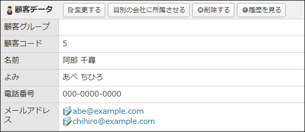 画面キャプチャー：顧客情報にabe@example.comとchihiro@example.comの順でメールアドレスが登録されている