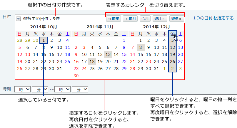 複数の日付を指定する操作リンクが赤枠で囲まれた画像