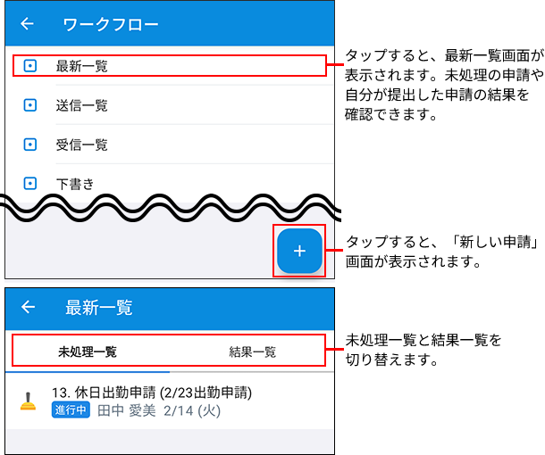 スクリーンショット：ワークフローの画面と最新一覧のイメージ