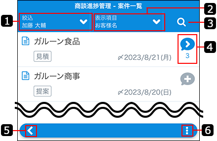 スクリーンショット：レコード一覧画面を番号付きで説明している