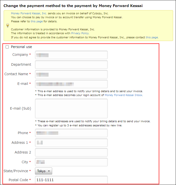 Screenshot: The fields to enter billing information such as "Company" and "Contact Name" are highlighted